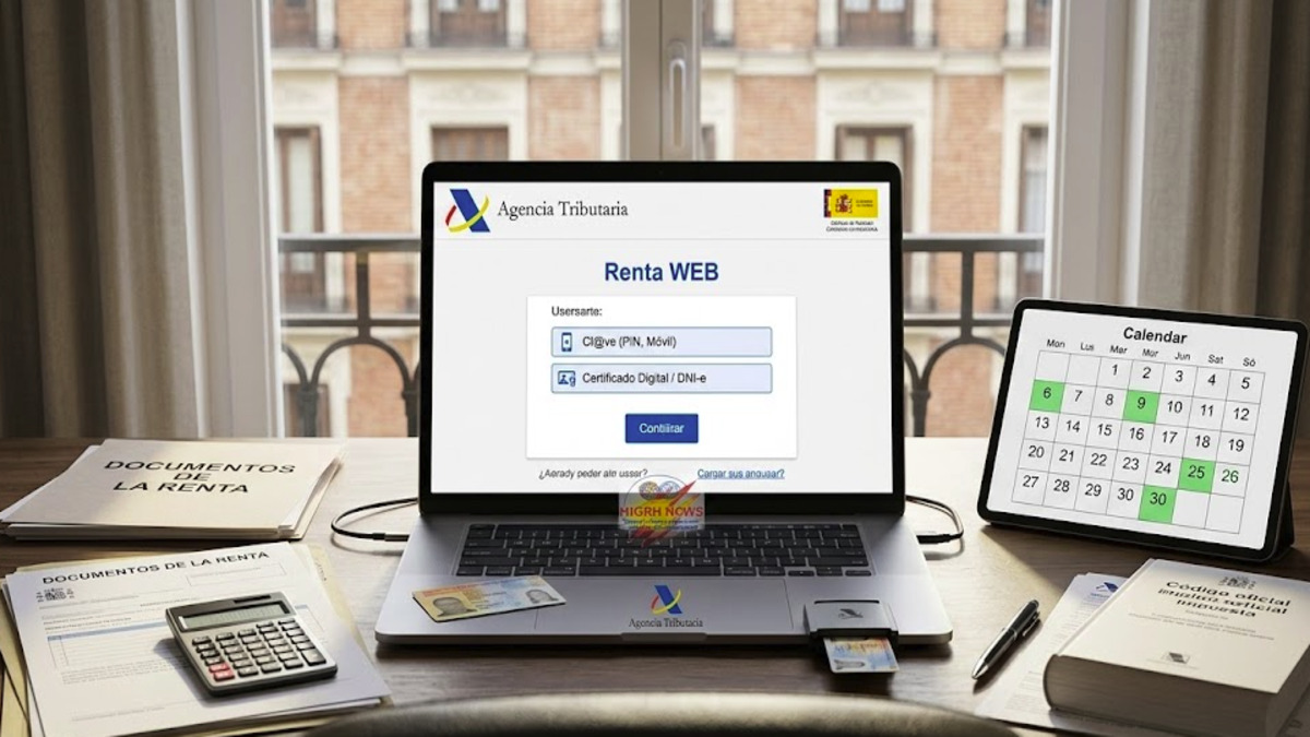 Official Renta Web portal on a laptop screen showing tax login options in Spain.