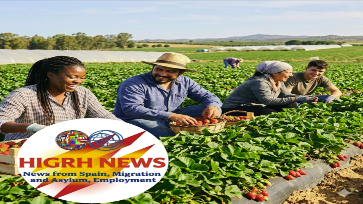 Diverse agricultural workers harvesting strawberries in Huelva with the HIGRH NEWS logo, illustrating employment for refugees and asylum seekers in Spain.