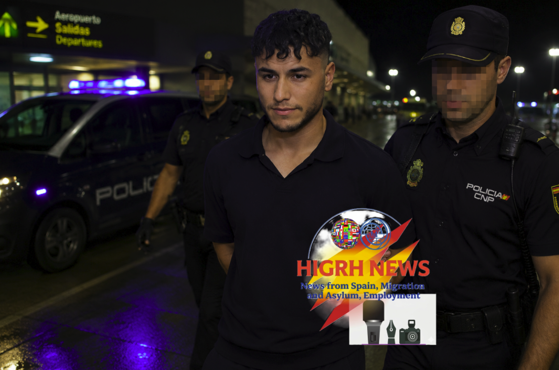 Mounir Meziat being escorted by Spanish National Police officers at an airport terminal following the suspension of his deportation.