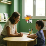 A young child talking to a specialist in a friendly room, illustrating the new legal change in Spain to benefit children.