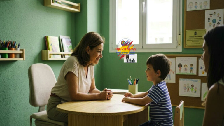 A young child talking to a specialist in a friendly room, illustrating the new legal change in Spain to benefit children.