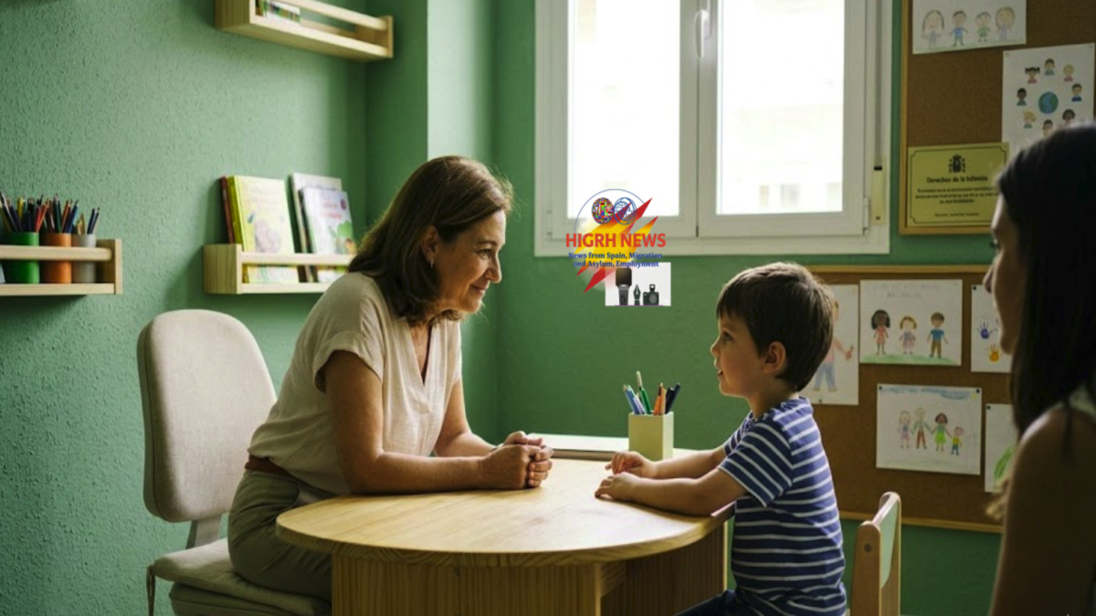 A young child talking to a specialist in a friendly room, illustrating the new legal change in Spain to benefit children.