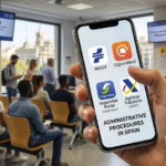 A hand holding a smartphone displaying official Spanish government apps like MiDGT, Cl@ve, Importass, and Agencia Tributaria inside a busy immigration office in Spain.