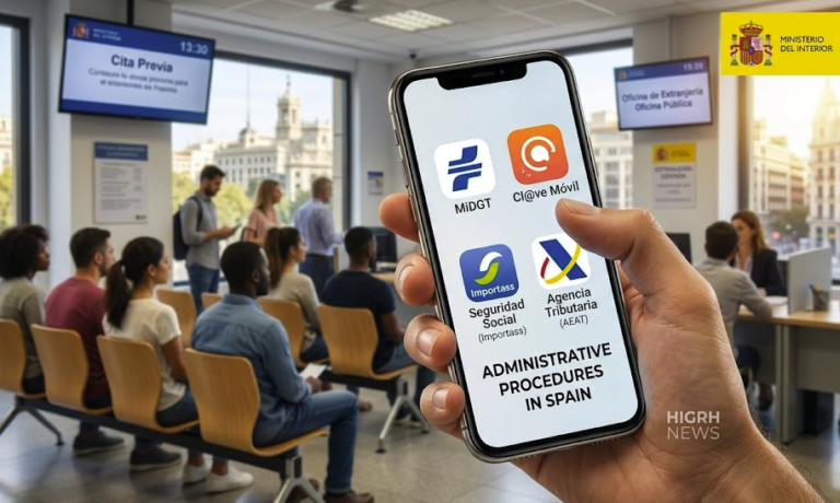 A hand holding a smartphone displaying official Spanish government apps like MiDGT, Cl@ve, Importass, and Agencia Tributaria inside a busy immigration office in Spain.