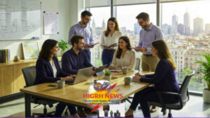 Diverse professionals in a modern office analyzing opportunities for work in Spain.