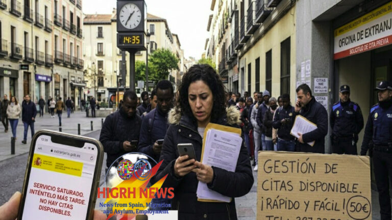 A crowded line of people outside a Spanish immigration office with a mobile phone screen showing no appointments available and a sign offering paid appointment services.