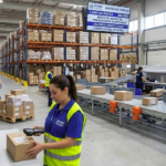A female logistics worker scanning barcodes on packages using a PDA device inside a large Eulen Flexiplán warehouse in Madrid.