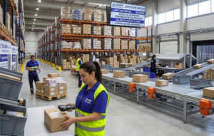 A female logistics worker scanning barcodes on packages using a PDA device inside a large Eulen Flexiplán warehouse in Madrid.