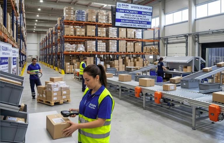A female logistics worker scanning barcodes on packages using a PDA device inside a large Eulen Flexiplán warehouse in Madrid.