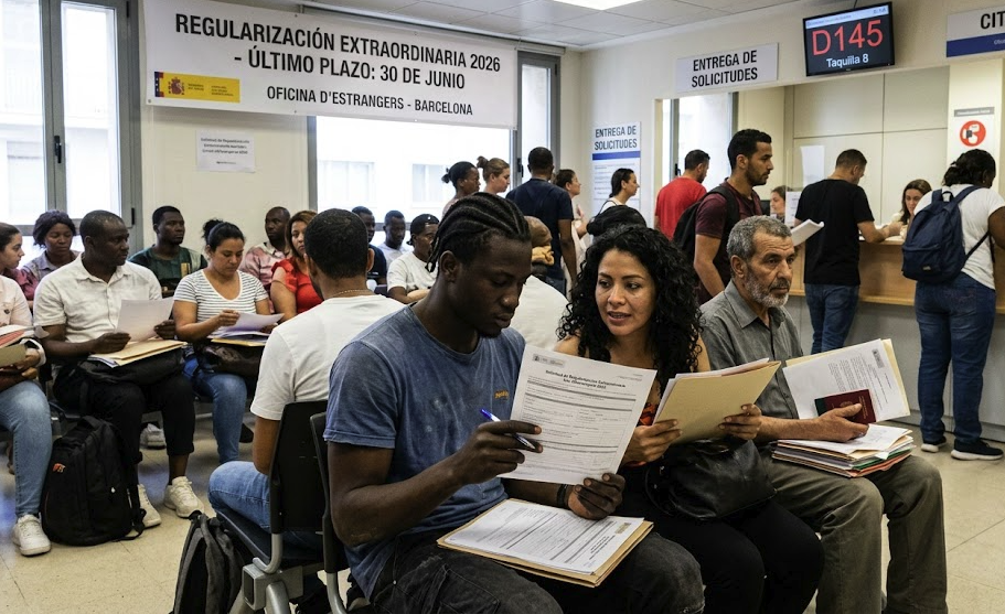 Immigrants sitting inside a Foreign National Office in Spain reviewing application documents for the regularization process.