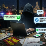 Investigative journalism illustration of immigration fraud networks in Spain featuring a hooded figure with fake documents.
