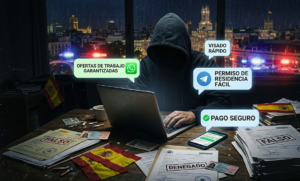 Investigative journalism illustration of immigration fraud networks in Spain featuring a hooded figure with fake documents.