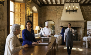 A smiling female receptionist assisting a guest at a Paradores hotel in Spain, with kitchen staff and a waiter in the background, representing permanent job opportunities in Spain.