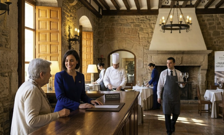 A smiling female receptionist assisting a guest at a Paradores hotel in Spain, with kitchen staff and a waiter in the background, representing permanent job opportunities in Spain.