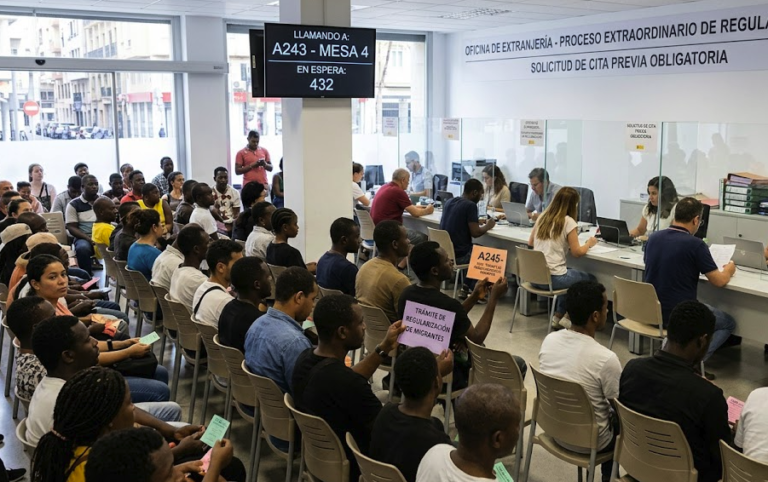 Crowded foreign national office in Spain with applicants waiting for the process of regularisation of migrants.