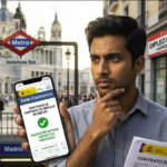 A young professional holding a smartphone showing a verified digital Spanish work contract on the SEPE official portal next to a printed contract against a Madrid street backdrop.