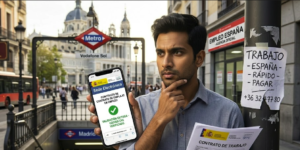 A young professional holding a smartphone showing a verified digital Spanish work contract on the SEPE official portal next to a printed contract against a Madrid street backdrop.