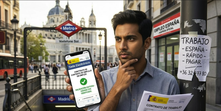 A young professional holding a smartphone showing a verified digital Spanish work contract on the SEPE official portal next to a printed contract against a Madrid street backdrop.