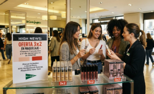 Customers exploring cosmetic products during the 3x2 makeup deals at El Corte Ingles.
