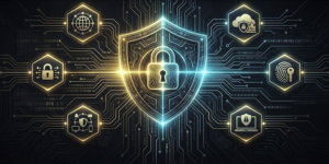 A futuristic cybersecurity web banner showcasing the best vpn services layout with a glowing central shield and connected tech nodes for HIGRH NEWS.