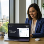 A professional freelance consultant working on her laptop in a modern London office, displaying the Contra platform dashboard for the HIGH NEWS guide.