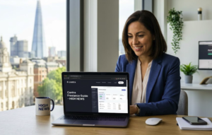 A professional freelance consultant working on her laptop in a modern London office, displaying the Contra platform dashboard for the HIGH NEWS guide.
