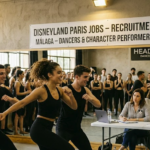 Aspiring performers demonstrating dance choreography during the Disneyland Paris jobs casting call at Headway Dance Studio in Malaga.
