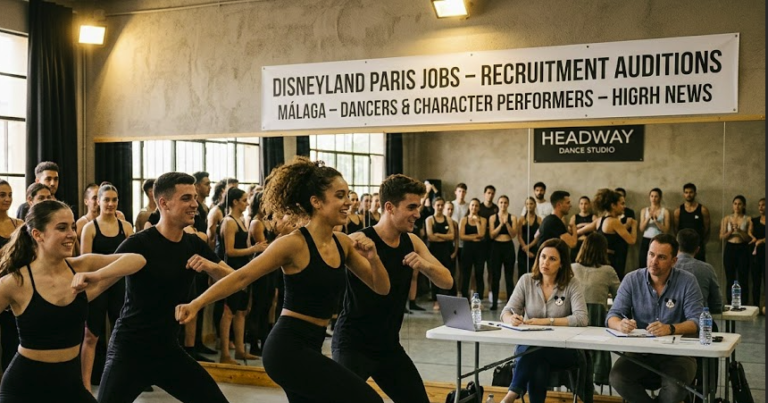 Aspiring performers demonstrating dance choreography during the Disneyland Paris jobs casting call at Headway Dance Studio in Malaga.