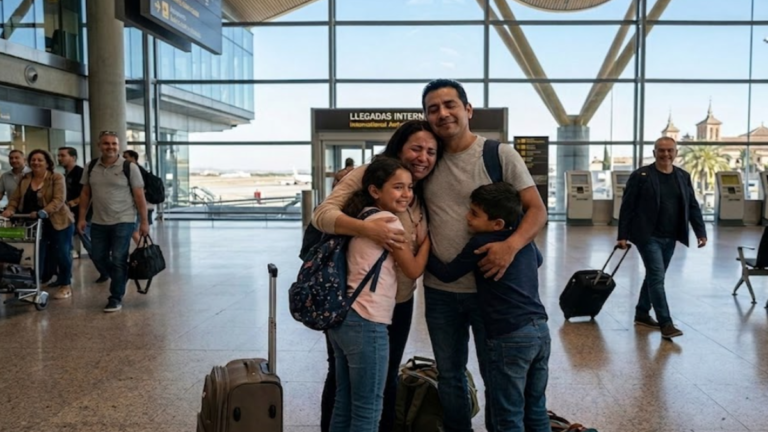 Family reunification in Spain with an immigrant family reuniting at a Spanish airport