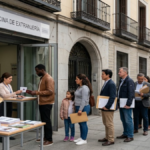Latest Spain immigration updates 2026 with migrants outside a government immigration office in Madrid