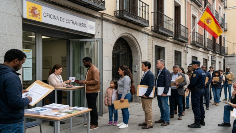 Latest Spain Immigration Updates: 1.17 Million Regularization Applications 1 Latest Spain immigration updates 2026 with migrants outside a government immigration office in Madrid
