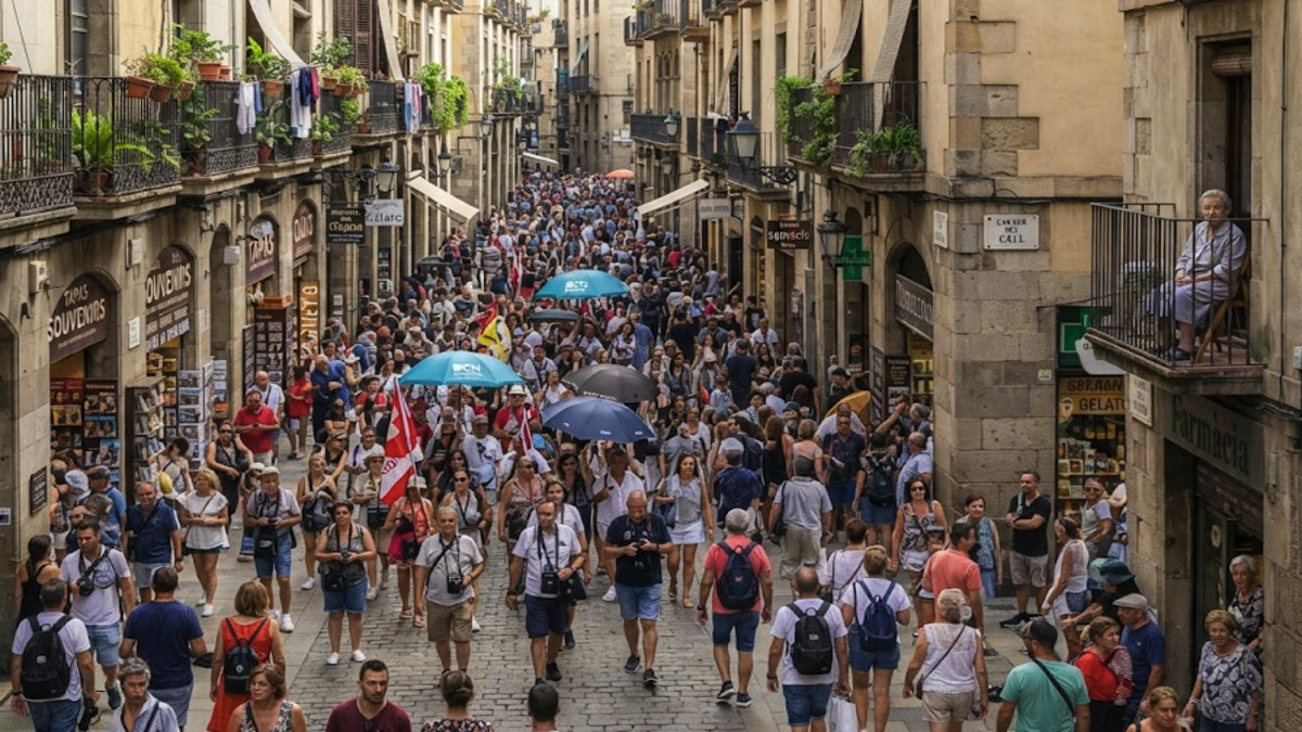 Overtourism in Spain as tourists crowd a historic street in Barcelona