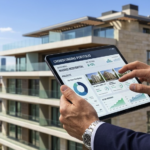 A close-up of an investor analyzing a digital real estate crowdfunding portfolio on a tablet with a modern Madrid residential building in the background.