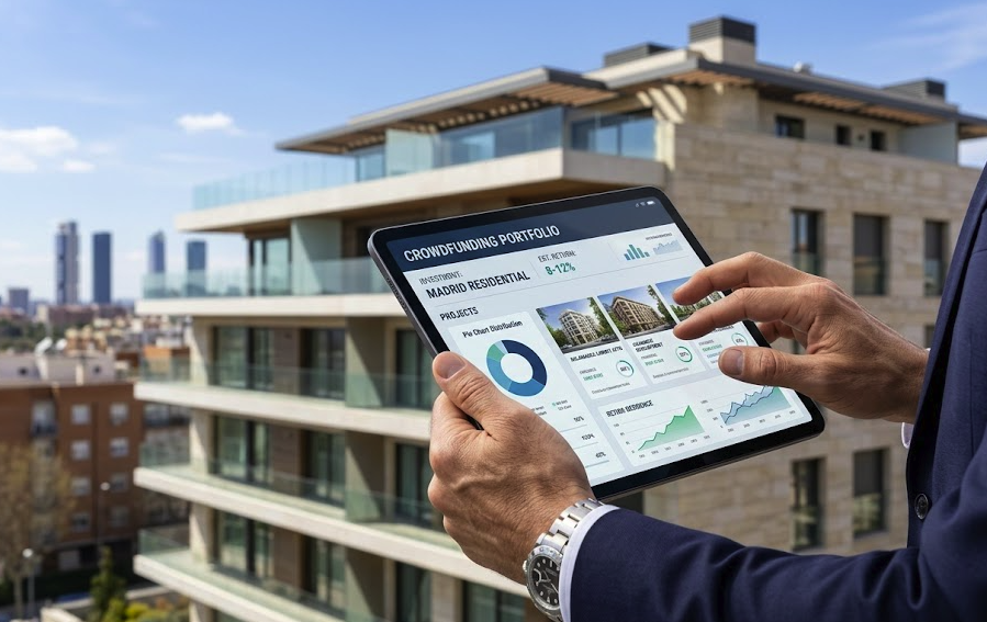 A close-up of an investor analyzing a digital real estate crowdfunding portfolio on a tablet with a modern Madrid residential building in the background.