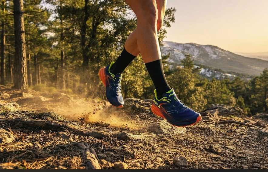 Runner wearing professional sports gear from Bikila on a scenic mountain trail in Spain.