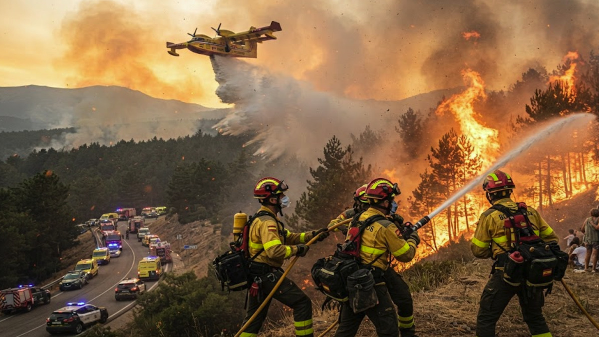 Spanish firefighters battle a large wildfire near Madrid as flames spread through forest areas.