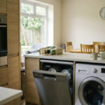 Washing machine, dishwasher, and oven in a modern kitchen during lower-cost electricity hours