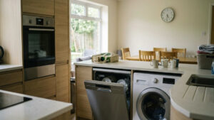 Washing machine, dishwasher, and oven in a modern kitchen during lower-cost electricity hours