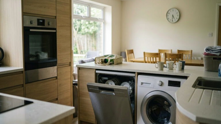 best times to run the washing machine, dishwasher, or oven 1 Washing machine, dishwasher, and oven in a modern kitchen during lower-cost electricity hours