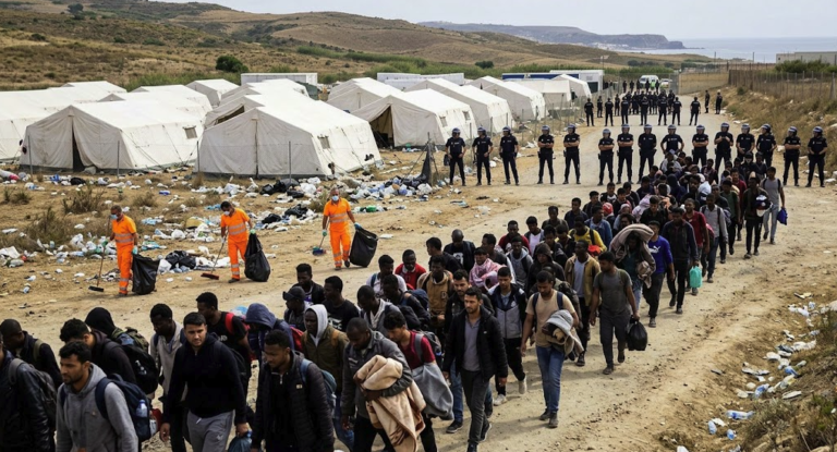 Migrants and police during the Loma Colmenar evacuation in Ceuta