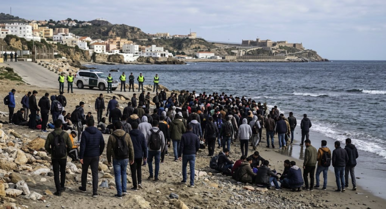 Migrants gathered on a beach in Ceuta during the migration crisis