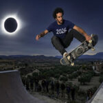 Spanish Olympic skateboarder Danny Leon jumps during a total solar eclipse