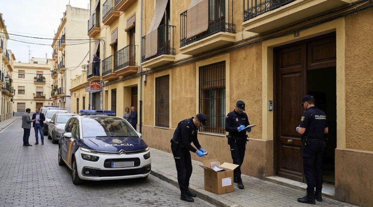 Spanish National Police officers during the arrest operation for a fugitive wanted in Germany in Valencia