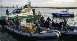 Guardia Civil patrol boat during a drug trafficking operation off the coast of Huelva