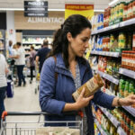 Shopper comparing supermarket prices and promotional discounts