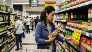 Shopper comparing supermarket prices and promotional discounts