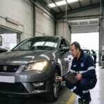 Vehicle undergoing an MOT test at an inspection station in Spain
