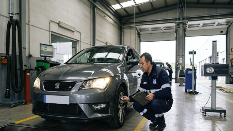 Vehicle undergoing an MOT test at an inspection station in Spain