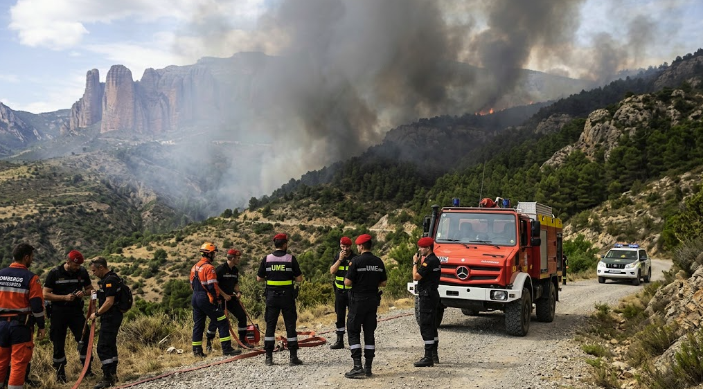 UME personnel and firefighters fighting the Las Peñas de Riglos wildfire in Huesca