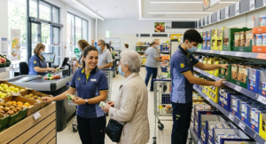 Lidl employees working inside a supermarket in Spain